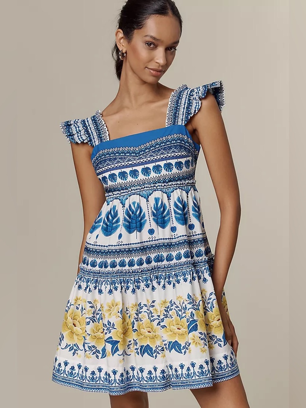 Farm Rio NWT Zuli Cotton Flutter-Sleeve Mini Dress Multicolor Printed